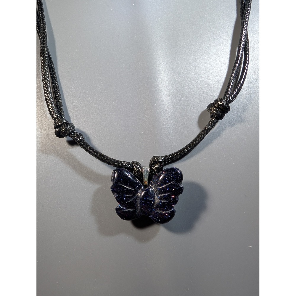 Blue Goldstone Butterfly Pendant Necklace Adjustable Black Cord Starry Stone
